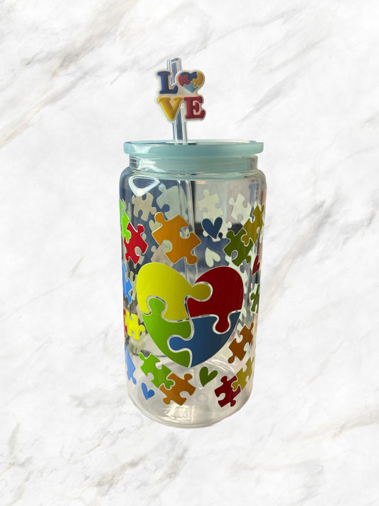 AUTISM LOVE GLASS CUP 16oz